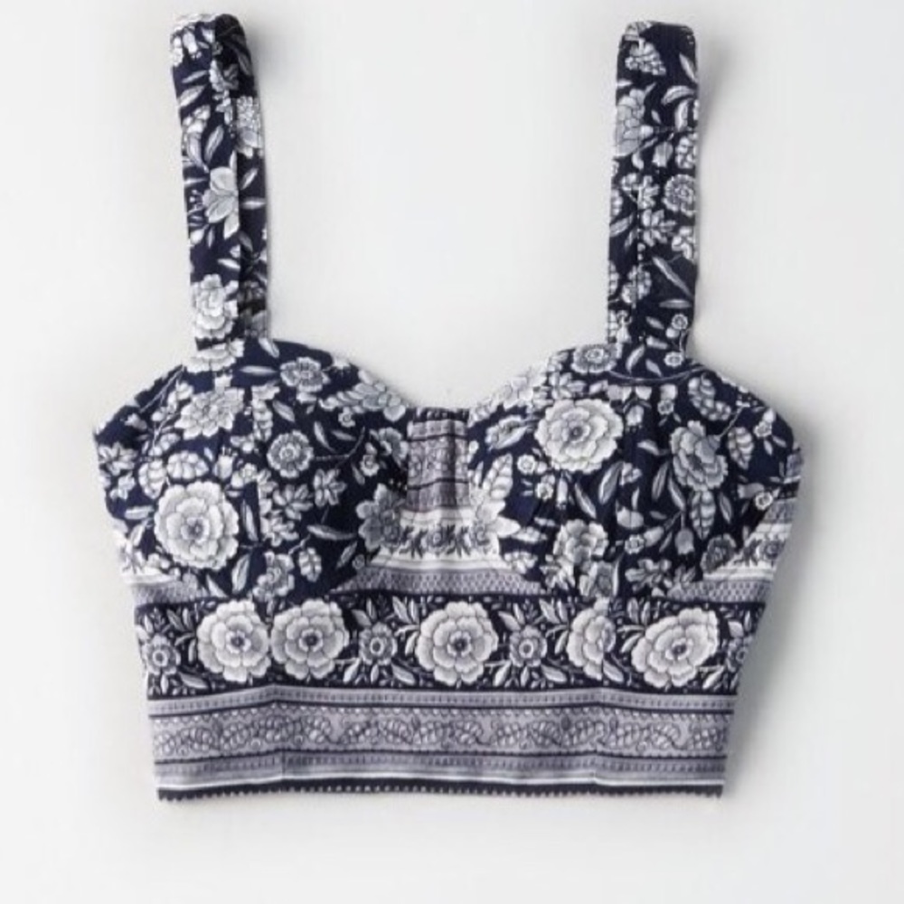 AMERICAN EAGLE BOHO STRETCH NAVY WHITE BOHO PATTERN BUSTIER CROP TOP M